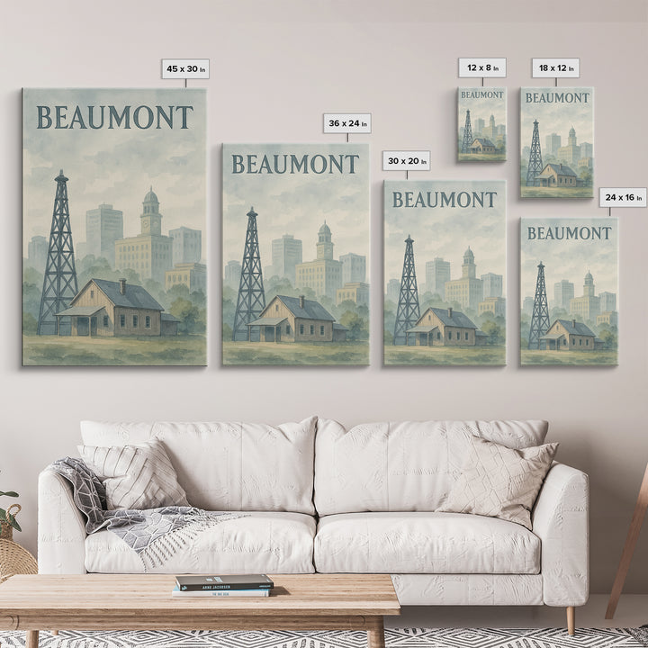 Beaumont Texas Travel Poster, Canvas Print, Painted Travel Poster Art, Beaumont Travel Art, Watercolor Urban Skyline, Living Room Wall Art
