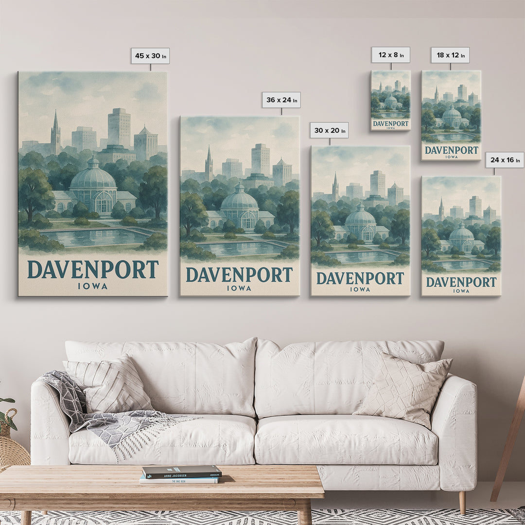 Davenport Travel Poster, Framed Canvas Print, Illustrated Watercolor Poster, Davenport Poster Print, Travel Poster Set, City Art Print