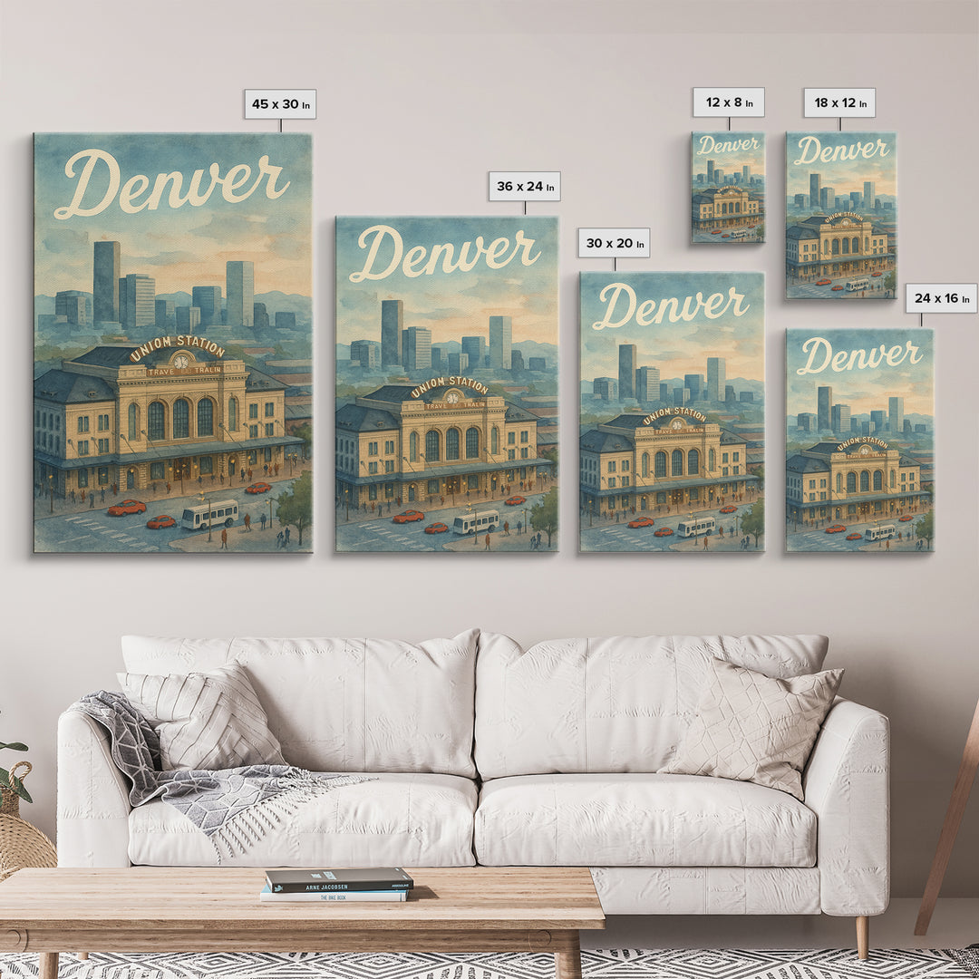Denver Travel Poster, Canvas Print, Watercolor Urban Skyline Wall Art ...