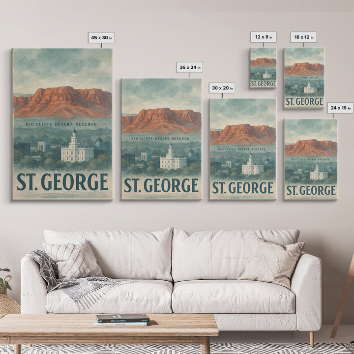 St George Travel Poster, Framed Canvas Print, Watercolor Cityscape Wall Art, St George City Art, Travel Poster Art, Watercolor Cityscape