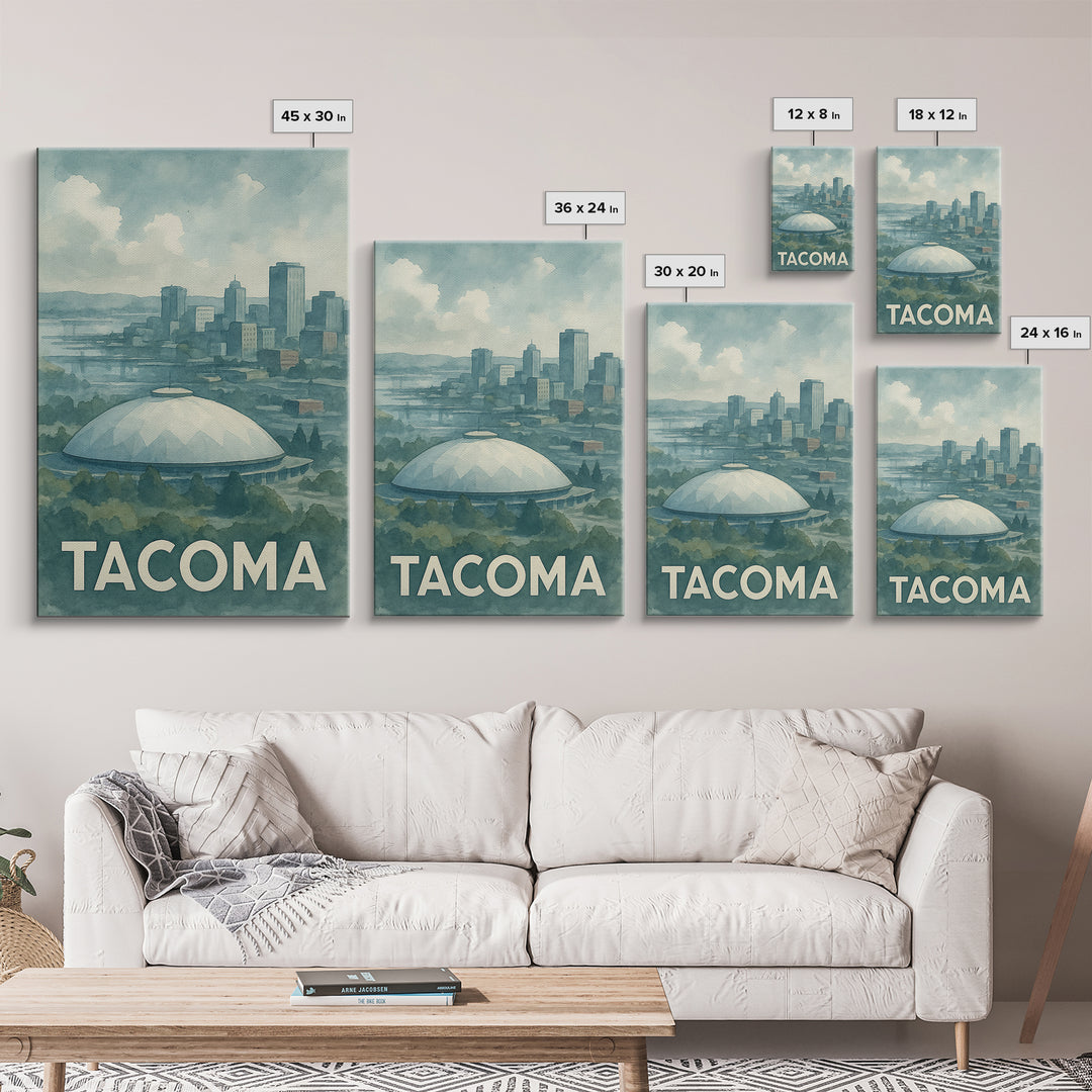 Tacoma Washington Travel Poster, Framed Canvas Print, Soft Watercolor Travel Art, Tacoma Wall Art, Travel Poster Art, Watercolor Skyline Art