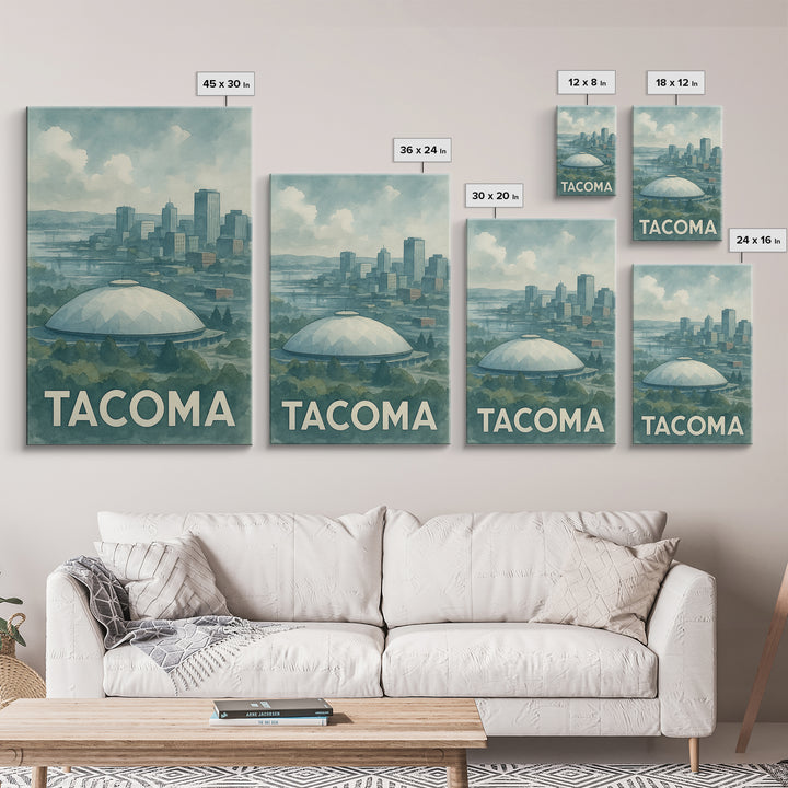 Tacoma Washington Travel Poster, Framed Canvas Print, Soft Watercolor Travel Art, Tacoma Wall Art, Travel Poster Art, Watercolor Skyline Art