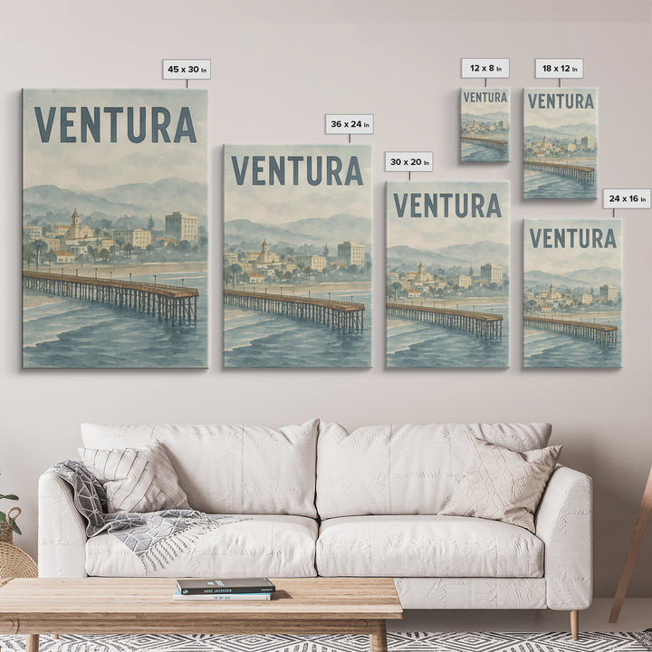 Ventura California Travel Poster, Framed Canvas Print, Soft Watercolor Travel Art, Ventura Wall Art, City Illustration, Travel Poster Set