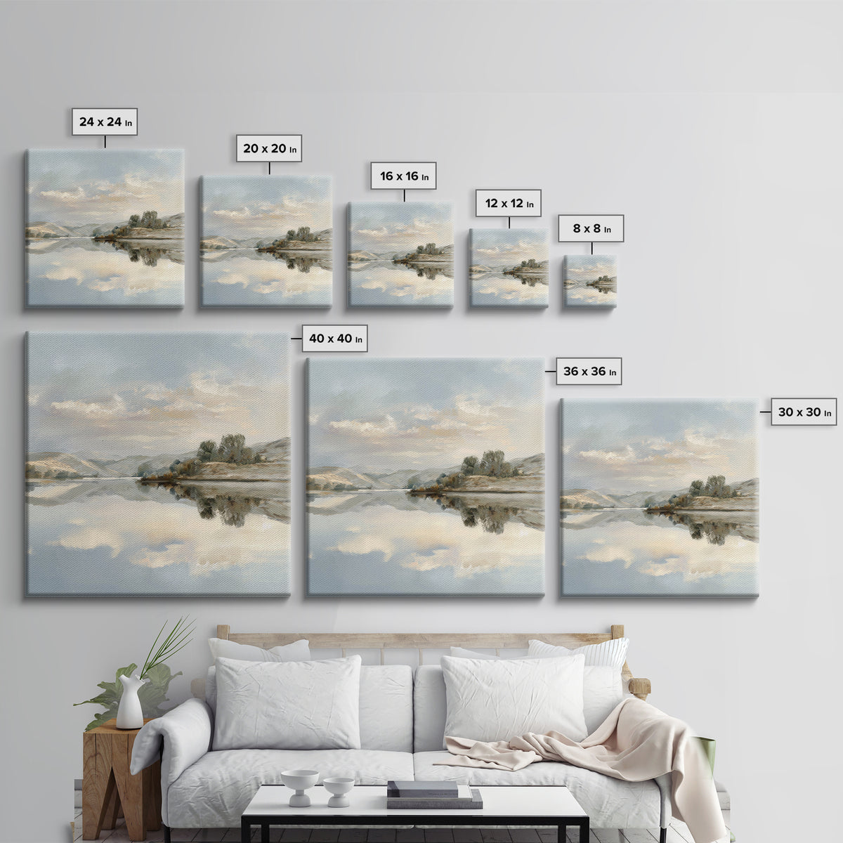 Peaceful Lake Reflection at Dawn Framed Canvas Print, Waiting Room Art, Photography Print, Waiting Room Decor, Watercolor Art, WRA-1x1-100