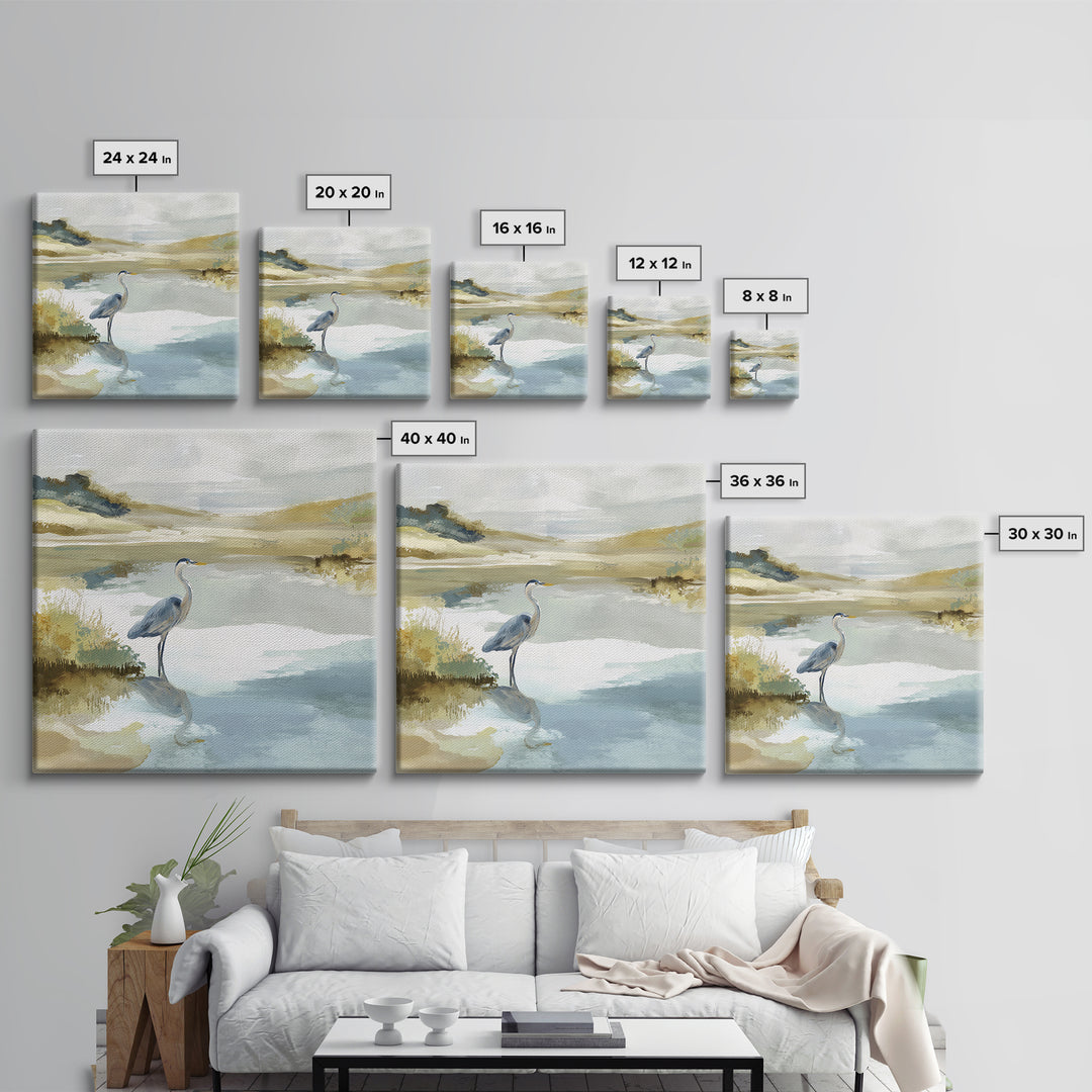 Blue Heron in Quiet Marsh Framed Canvas Print, Waiting Room Art, Wall Decor, Waiting Room Decor, Calm, Minimalist Wall Art, WRA-1x1-12