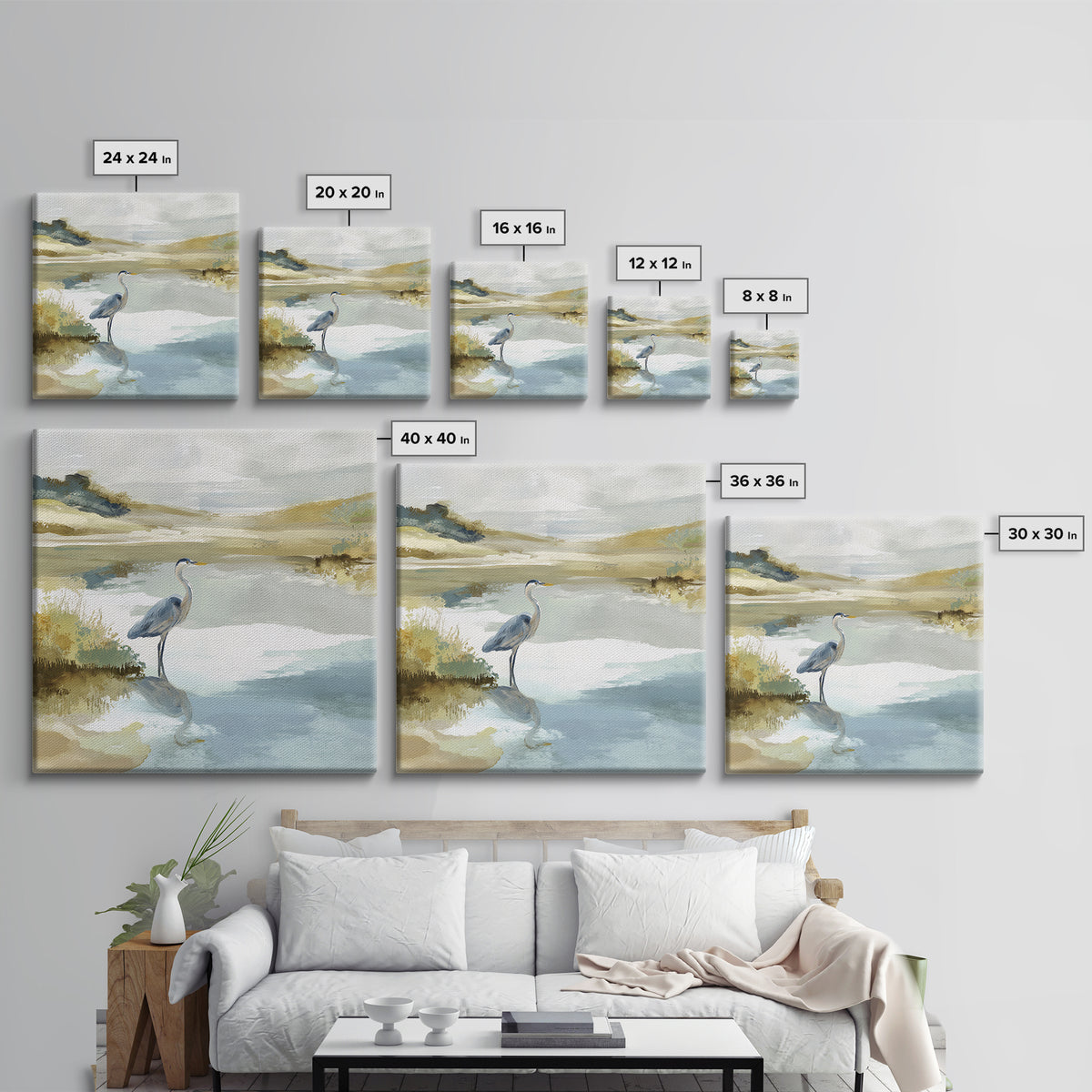 Blue Heron in Quiet Marsh Framed Canvas Print, Waiting Room Art, Wall Decor, Waiting Room Decor, Calm, Minimalist Wall Art, WRA-1x1-12
