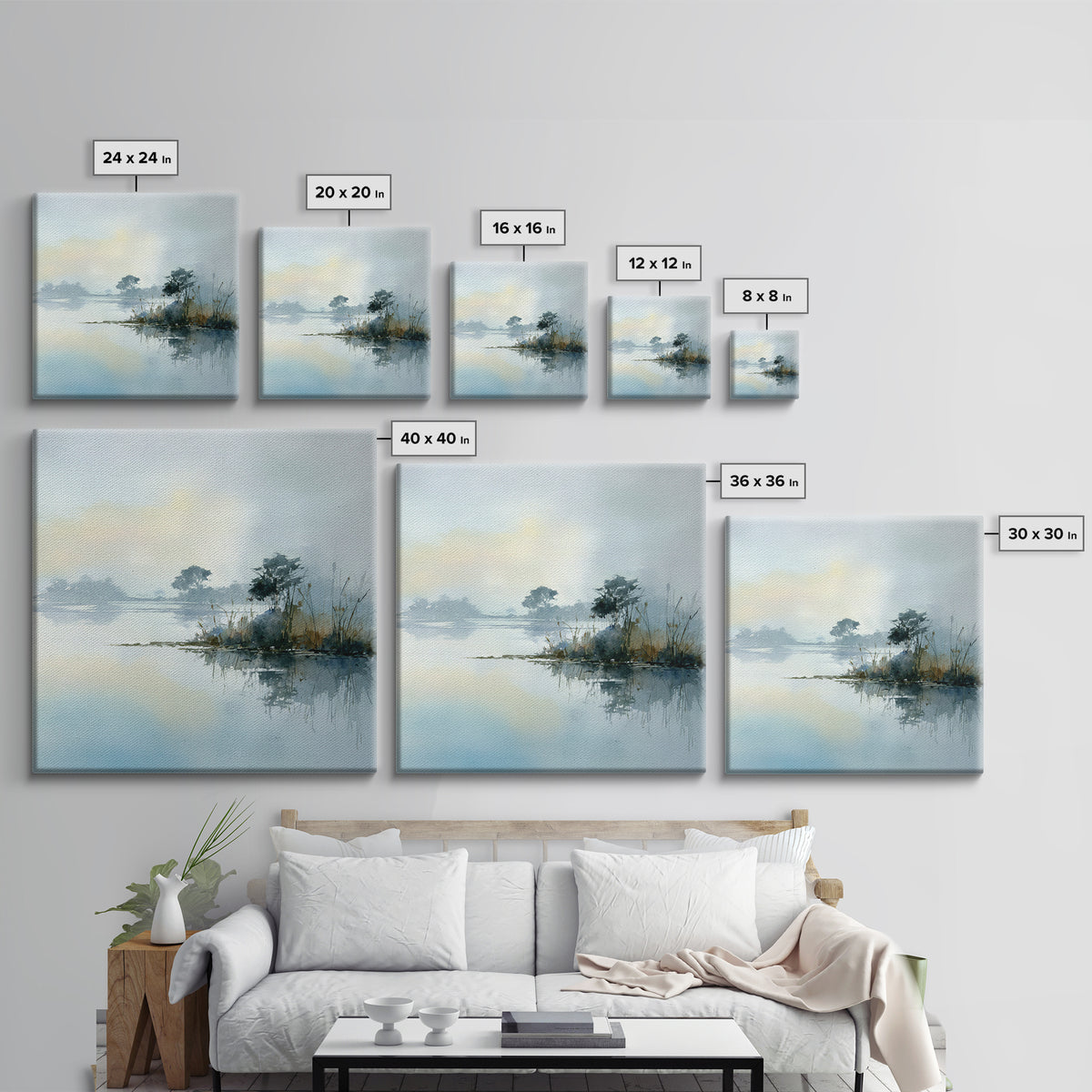 Peaceful Lake Reflection at Dawn Framed Canvas Print, Waiting Room Art, Abstract Art, Waiting Room Decor, Fine Art, Calm, WRA-1x1-28