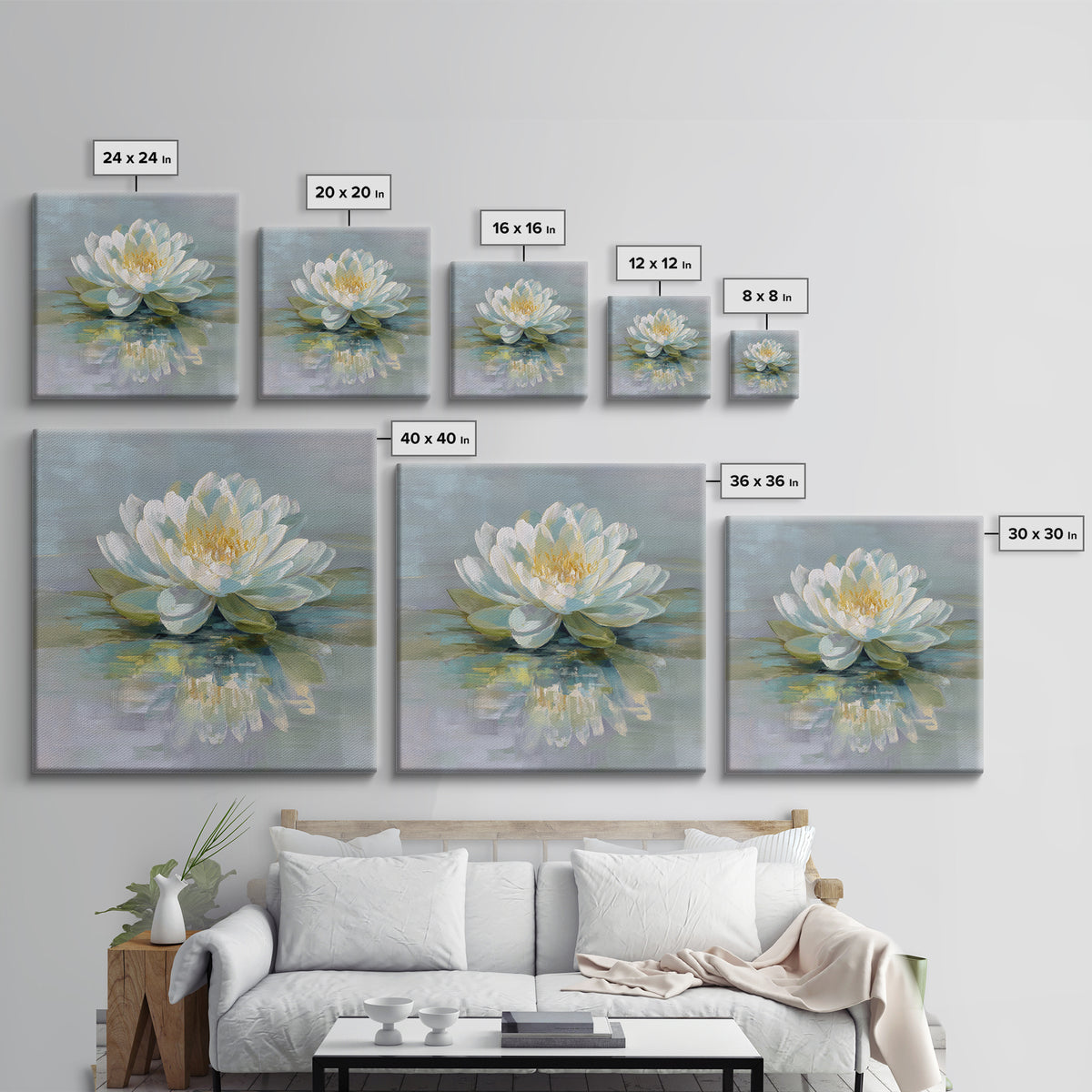 Lotus Flower on Still Water Framed Canvas Print, Waiting Room Art, Office Art, Waiting Room Decor, Calm, Gallery Decor, WRA-1x1-39