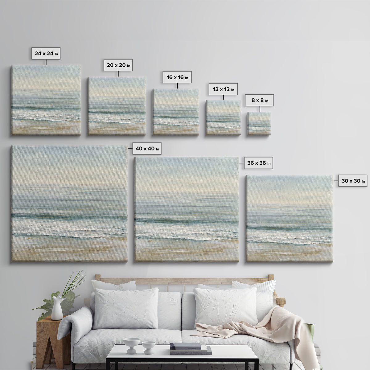 Coastal Horizon with Pale Sand and Water Framed Canvas Print, Waiting Room Art, Statement Artwork, Waiting Room Decor, Calm, WRA-1x1-57