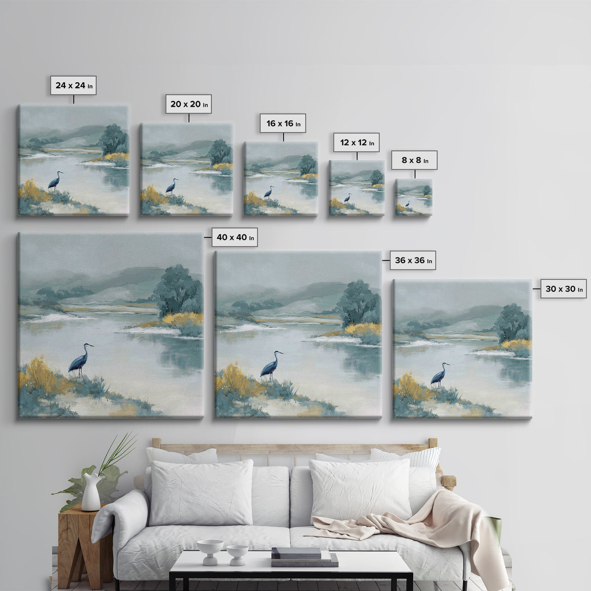 Blue Heron in Quiet Marsh Canvas Print, Waiting Room Art, Abstract, Waiting Room Decor, Fine Art, Calm, Modern Decor, WRA-1x1-60