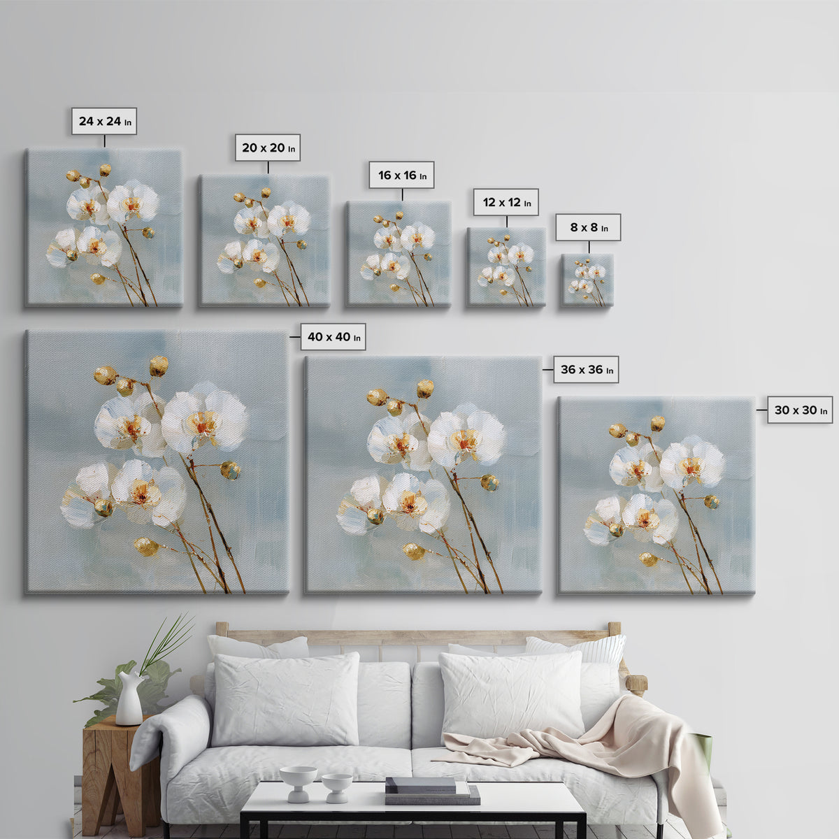 White Orchid on Light Gray Ground Framed Canvas Print, Waiting Room Art, Wall Sculpture, Waiting Room Decor, Fine Art, Calm, WRA-1x1-7