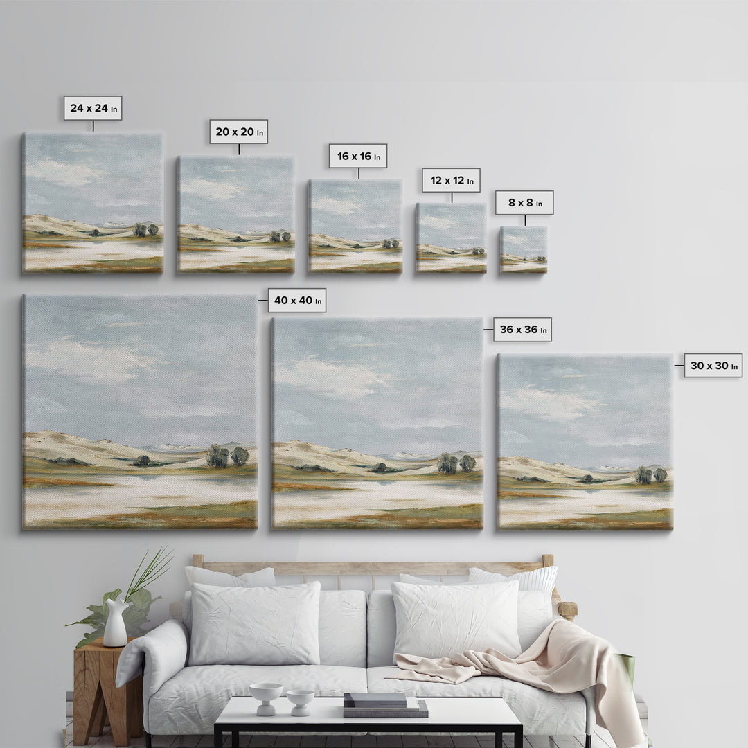 Calming Landscape with Open Sky and Gentle Framed Canvas Print, Waiting Room Art, Waiting Room Decor, Watercolor Art, Calm, WRA-1x1-73