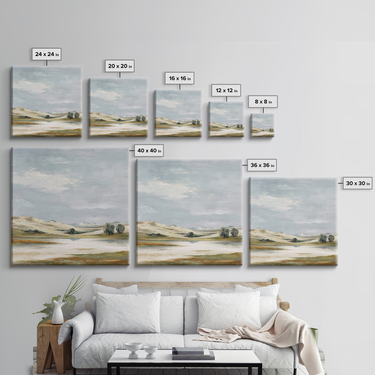 Calming Landscape with Open Sky and Gentle Framed Canvas Print, Waiting Room Art, Waiting Room Decor, Watercolor Art, Calm, WRA-1x1-73