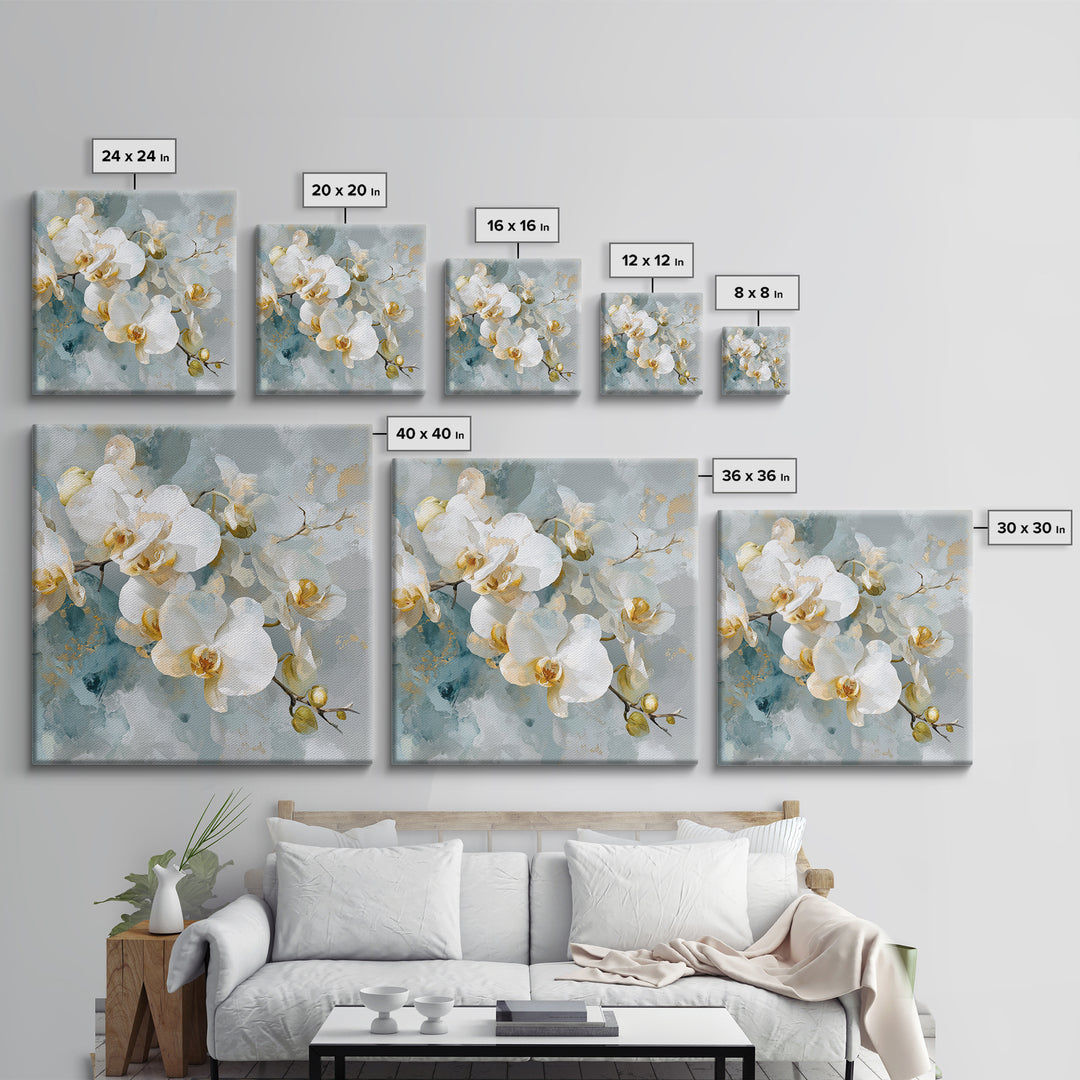 White Orchid on Light Gray Ground Framed Canvas Print, Waiting Room Art, Fine Art Print, Waiting Room Decor, Oil Painting, Calm, WRA-1x1-79
