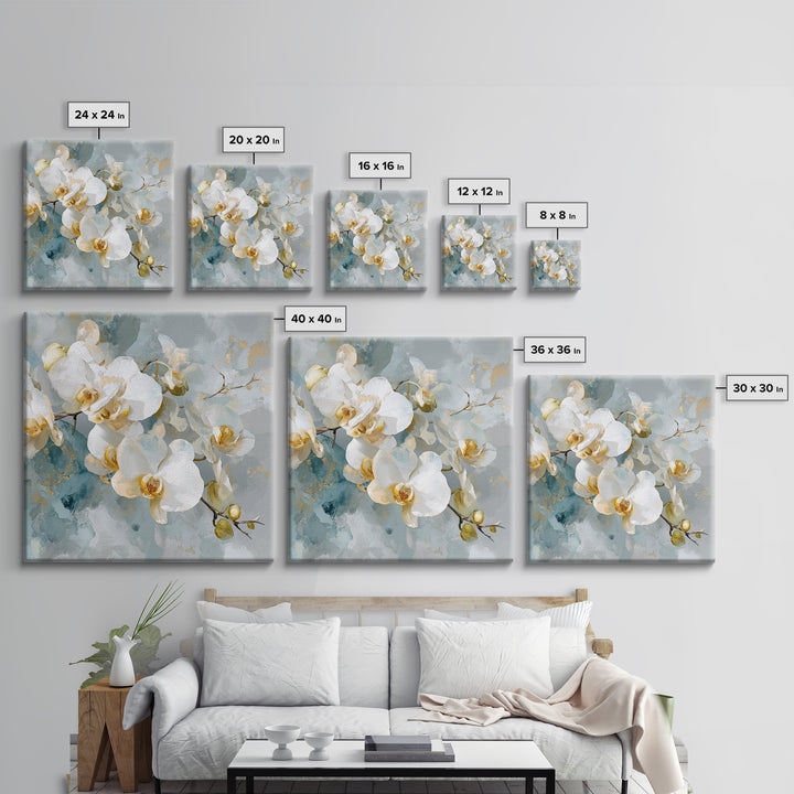 White Orchid on Light Gray Ground Framed Canvas Print, Waiting Room Art, Fine Art Print, Waiting Room Decor, Oil Painting, Calm, WRA-1x1-79