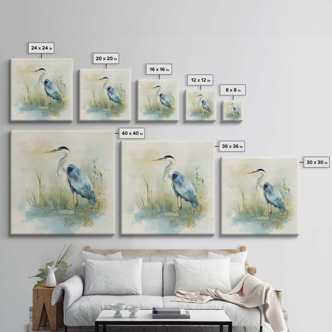 Blue Heron in Quiet Marsh Framed Canvas Print, Waiting Room Art, Therapy Office Decor, Waiting Room Decor, Abstract Art, Calm, WRA-1x1-84