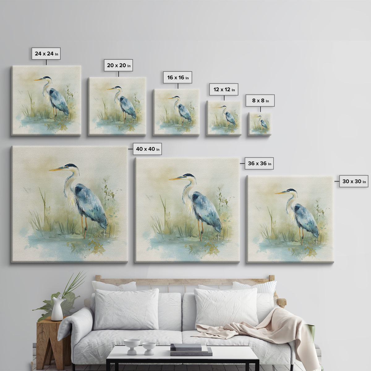 Blue Heron in Quiet Marsh Framed Canvas Print, Waiting Room Art, Therapy Office Decor, Waiting Room Decor, Abstract Art, Calm, WRA-1x1-84
