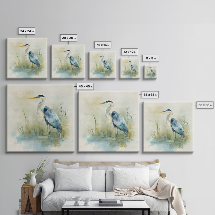 Blue Heron in Quiet Marsh Framed Canvas Print, Waiting Room Art, Therapy Office Decor, Waiting Room Decor, Abstract Art, Calm, WRA-1x1-84
