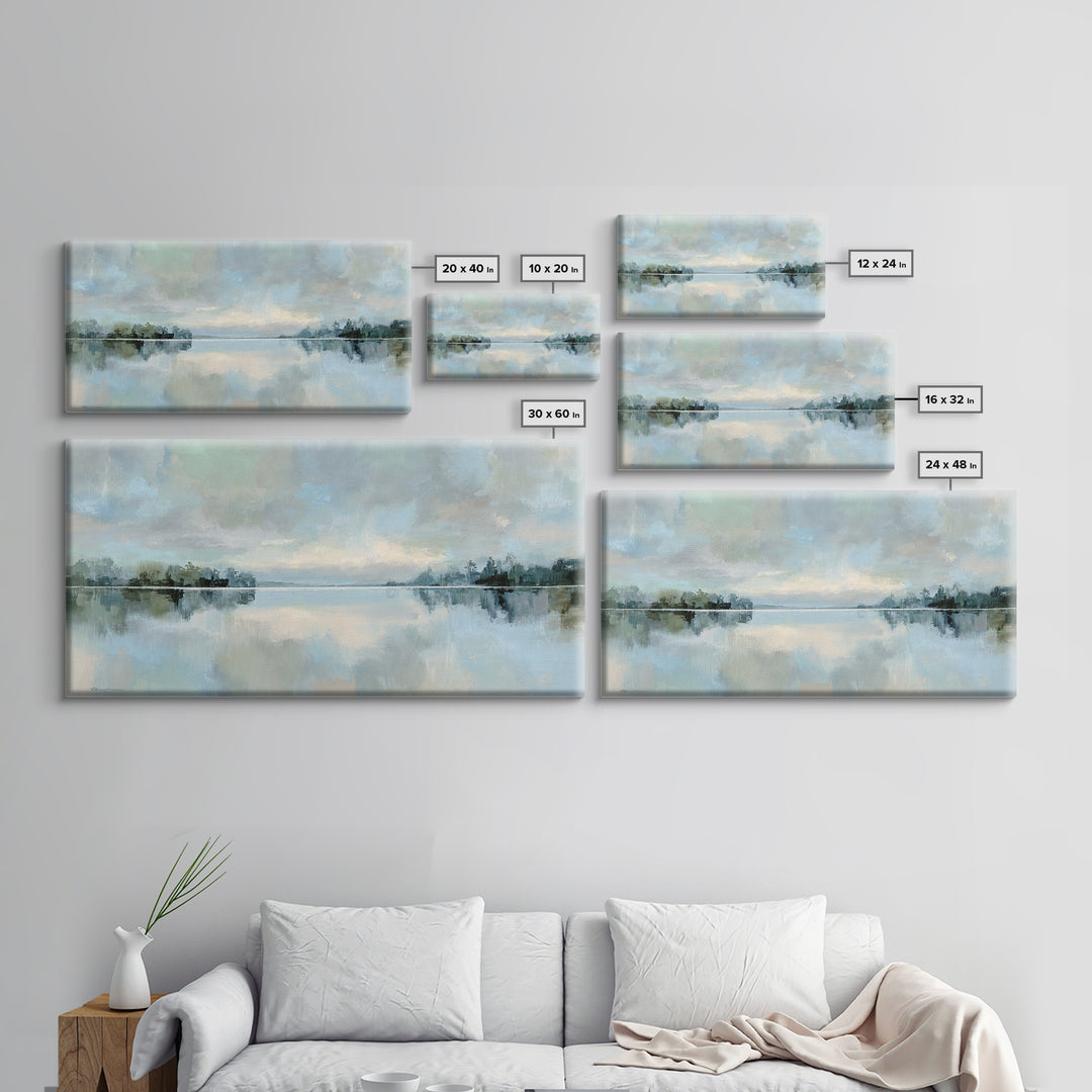 Peaceful Lake Reflection at Dawn Framed Canvas Print, Waiting Room Art, Waiting Room Decor, Oil Painting, Calm, WRA-2x1-24