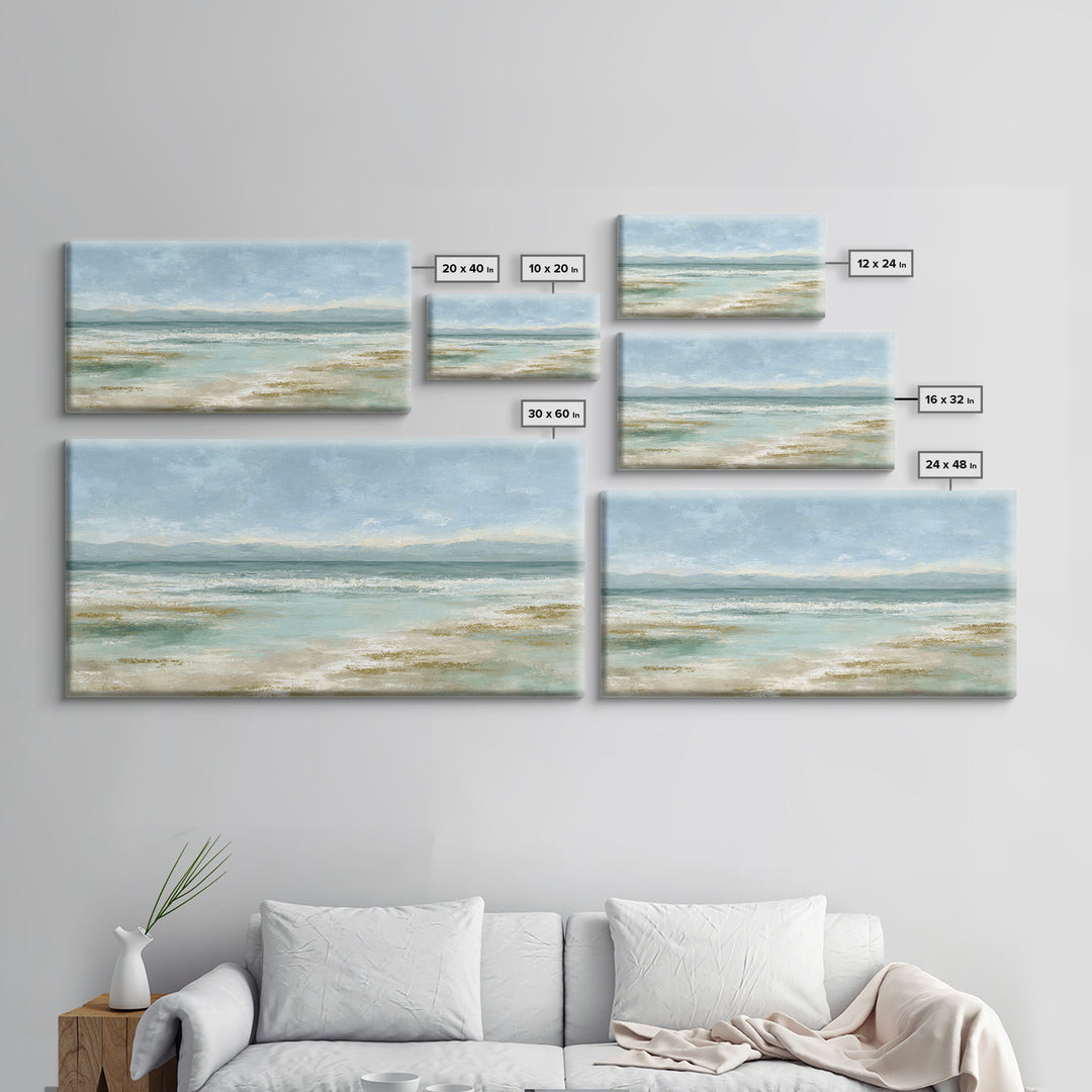 Coastal Horizon with Pale Sand and Water Framed Canvas Print, Waiting Room Art, Art, Waiting Room Decor, Fine Art, Calm, WRA-2x1-29
