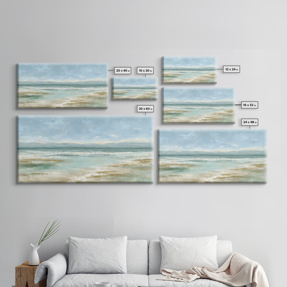 Coastal Horizon with Pale Sand and Water Framed Canvas Print, Waiting Room Art, Art, Waiting Room Decor, Fine Art, Calm, WRA-2x1-29