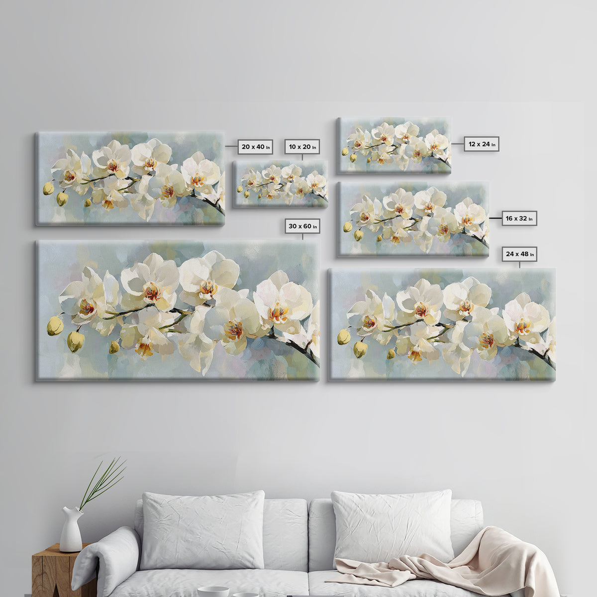 White Orchid on Light Gray Ground Framed Canvas Print, Waiting Room Art, Wall Sculpture, Waiting Room Decor, Fine Art, Calm, WRA-2x1-3
