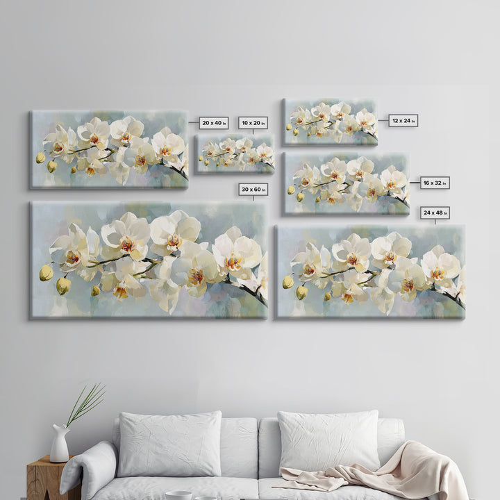 White Orchid on Light Gray Ground Framed Canvas Print, Waiting Room Art, Wall Sculpture, Waiting Room Decor, Fine Art, Calm, WRA-2x1-3