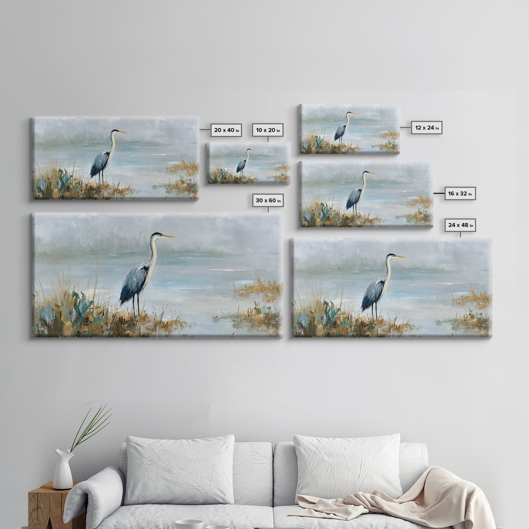 Blue Heron in Quiet Marsh Canvas Print, Waiting Room Art, Waiting Room Decor, Oil Painting, Calm, Living Room Wall Art, WRA-2x1-32