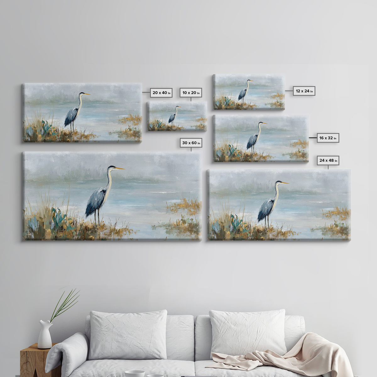 Blue Heron in Quiet Marsh Canvas Print, Waiting Room Art, Waiting Room Decor, Oil Painting, Calm, Living Room Wall Art, WRA-2x1-32