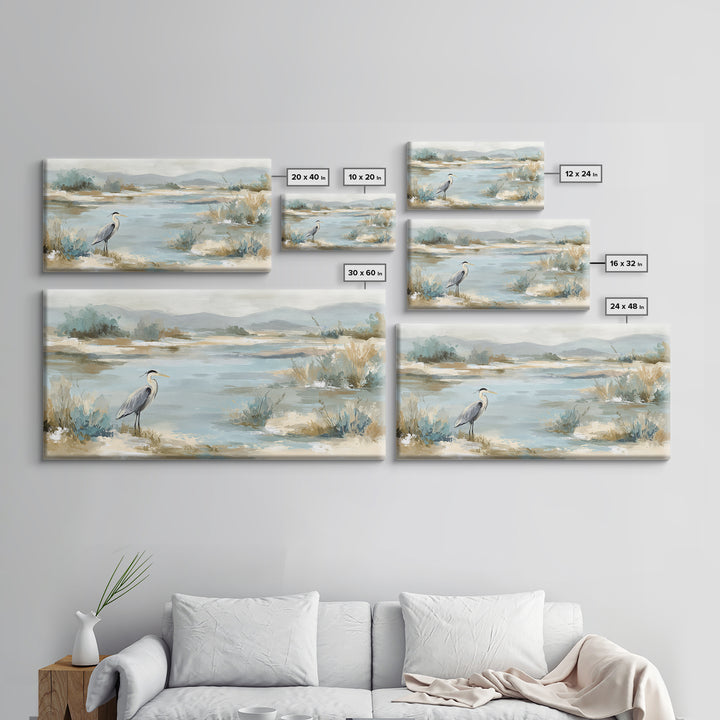 Blue Heron in Quiet Marsh Framed Canvas Print, Waiting Room Art, Office Decor, Waiting Room Decor, Calm, Gallery Wall Art, WRA-2x1-56