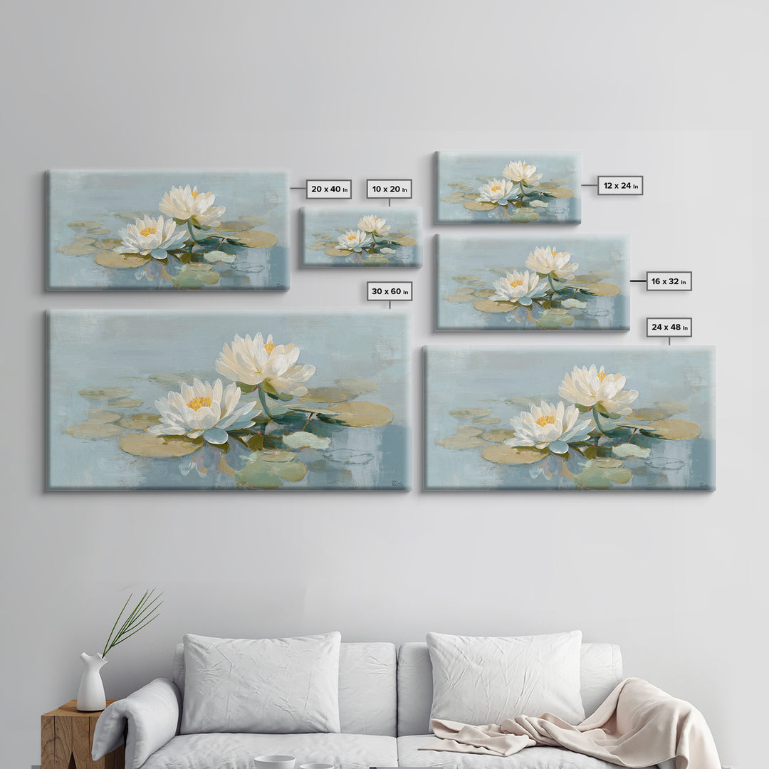 Lotus Flower on Still Water Framed Canvas Print, Waiting Room Art, Abstract, Waiting Room Decor, Watercolor Art, Calm, WRA-2x1-59