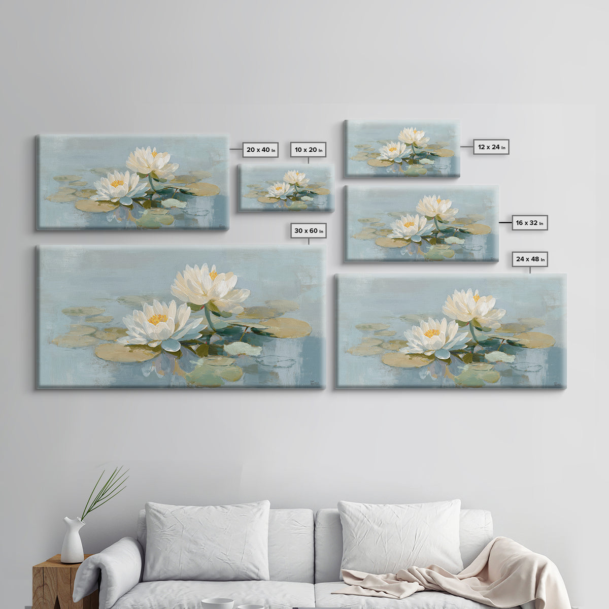 Lotus Flower on Still Water Framed Canvas Print, Waiting Room Art, Abstract, Waiting Room Decor, Watercolor Art, Calm, WRA-2x1-59
