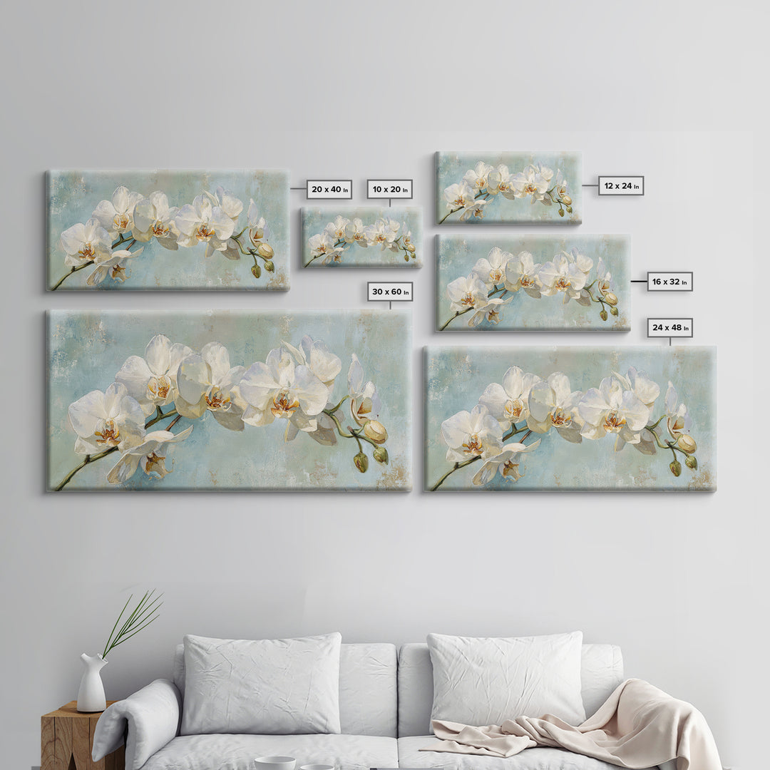 White Orchid on Light Gray Ground Framed Canvas Print, Waiting Room Art, Boho Decor, Waiting Room Decor, Fine Art, Calm, WRA-2x1-75