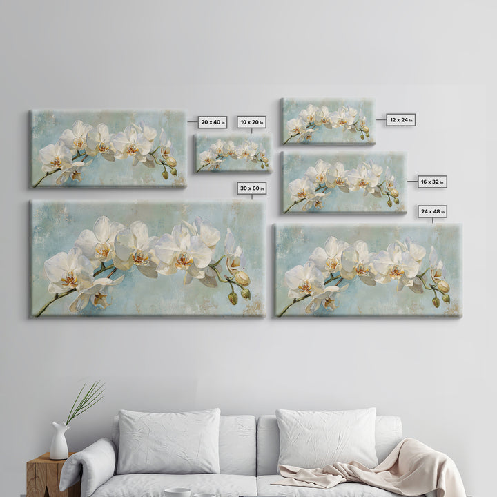 White Orchid on Light Gray Ground Framed Canvas Print, Waiting Room Art, Boho Decor, Waiting Room Decor, Fine Art, Calm, WRA-2x1-75
