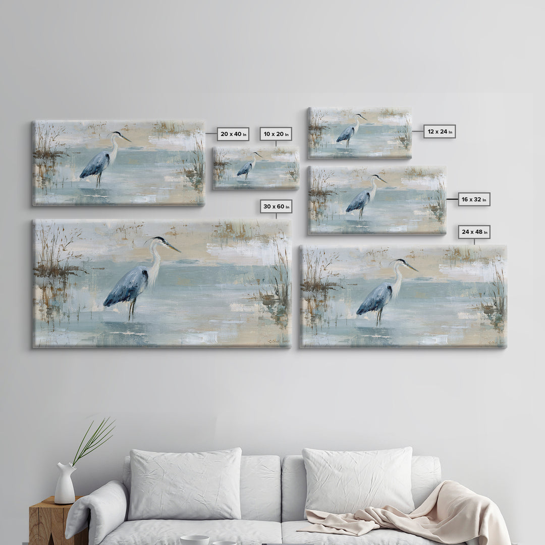 Blue Heron in Quiet Marsh Framed Canvas Print, Waiting Room Art, Office Wall Decor, Waiting Room Decor, Fine Art, Calm, WRA-2x1-80