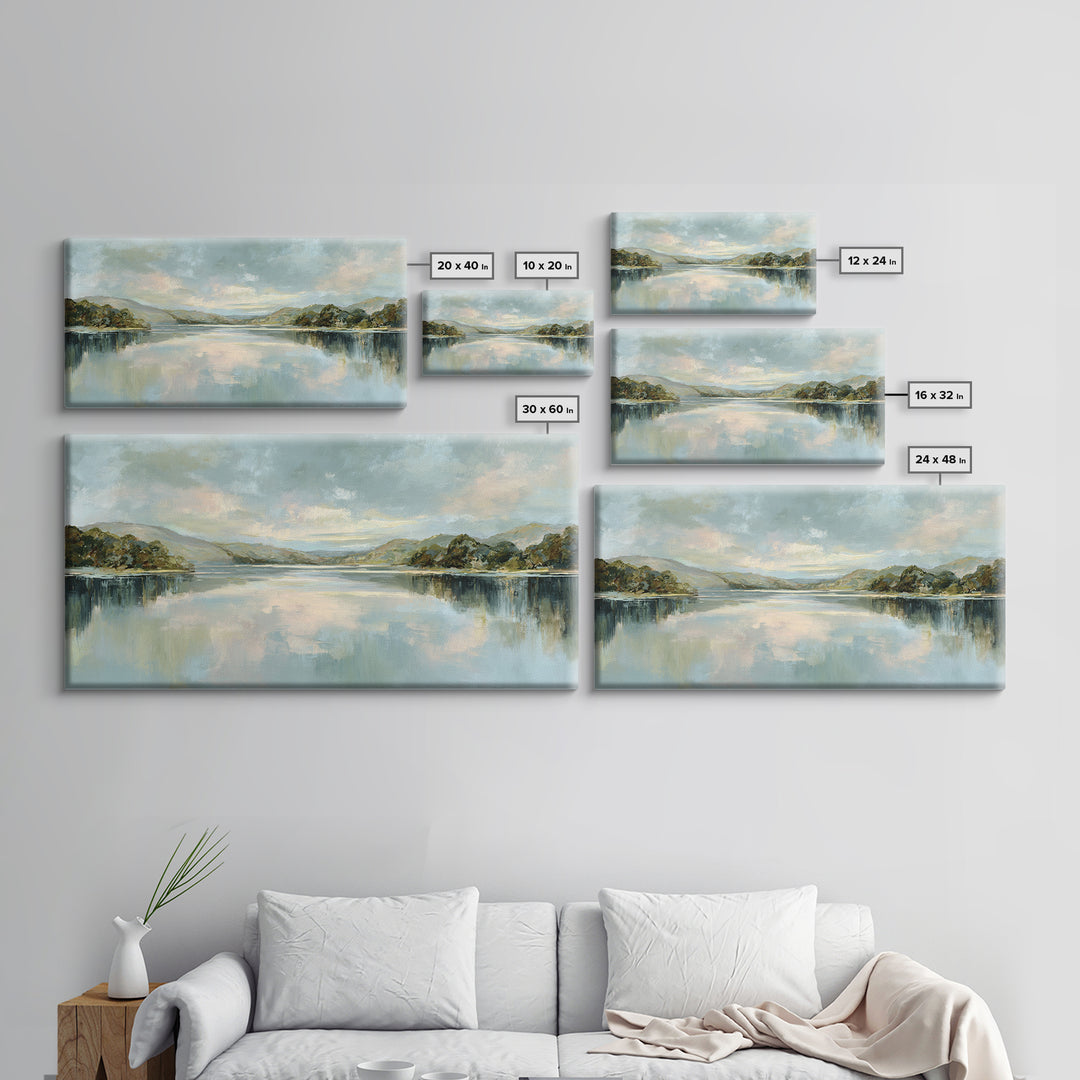 Peaceful Lake Reflection at Dawn Framed Canvas Print, Waiting Room Art, Abstract, Waiting Room Decor, Fine Art, Calm, WRA-2x1-96