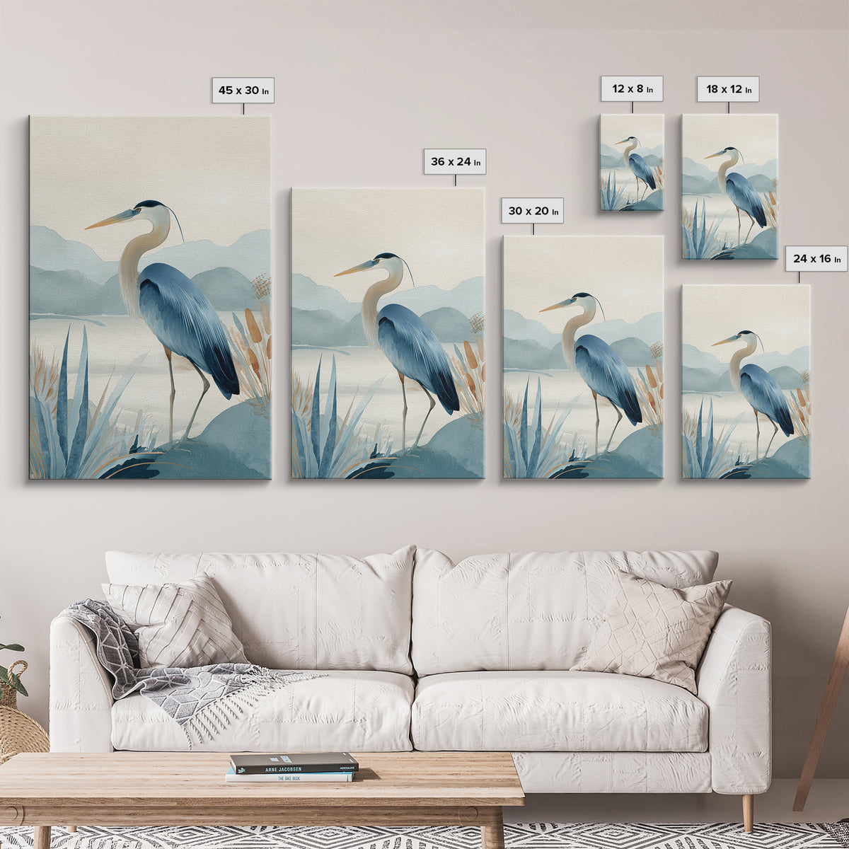Blue Heron in Quiet Marsh Framed Canvas Print, Waiting Room Art, Fine Art, Waiting Room Decor, Watercolor Art, Calm, WRA-2x3-44