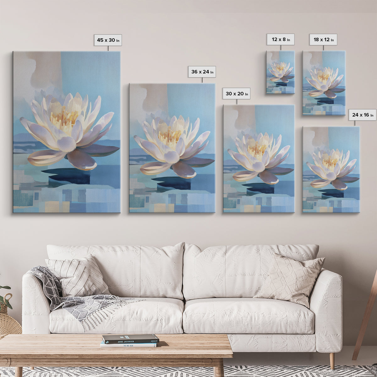 Lotus Flower on Still Water Framed Canvas Print, Waiting Room Art, Wall Art, Waiting Room Decor, Calm, Floral Wall Art, WRA-2x3-47