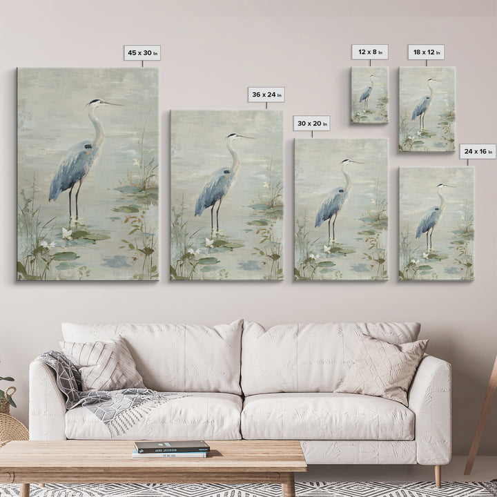 Blue Heron in Quiet Marsh Framed Canvas Print, Waiting Room Art, Bedroom Decor, Waiting Room Decor, Fine Art, Calm, Abstract, WRA-2x3-68