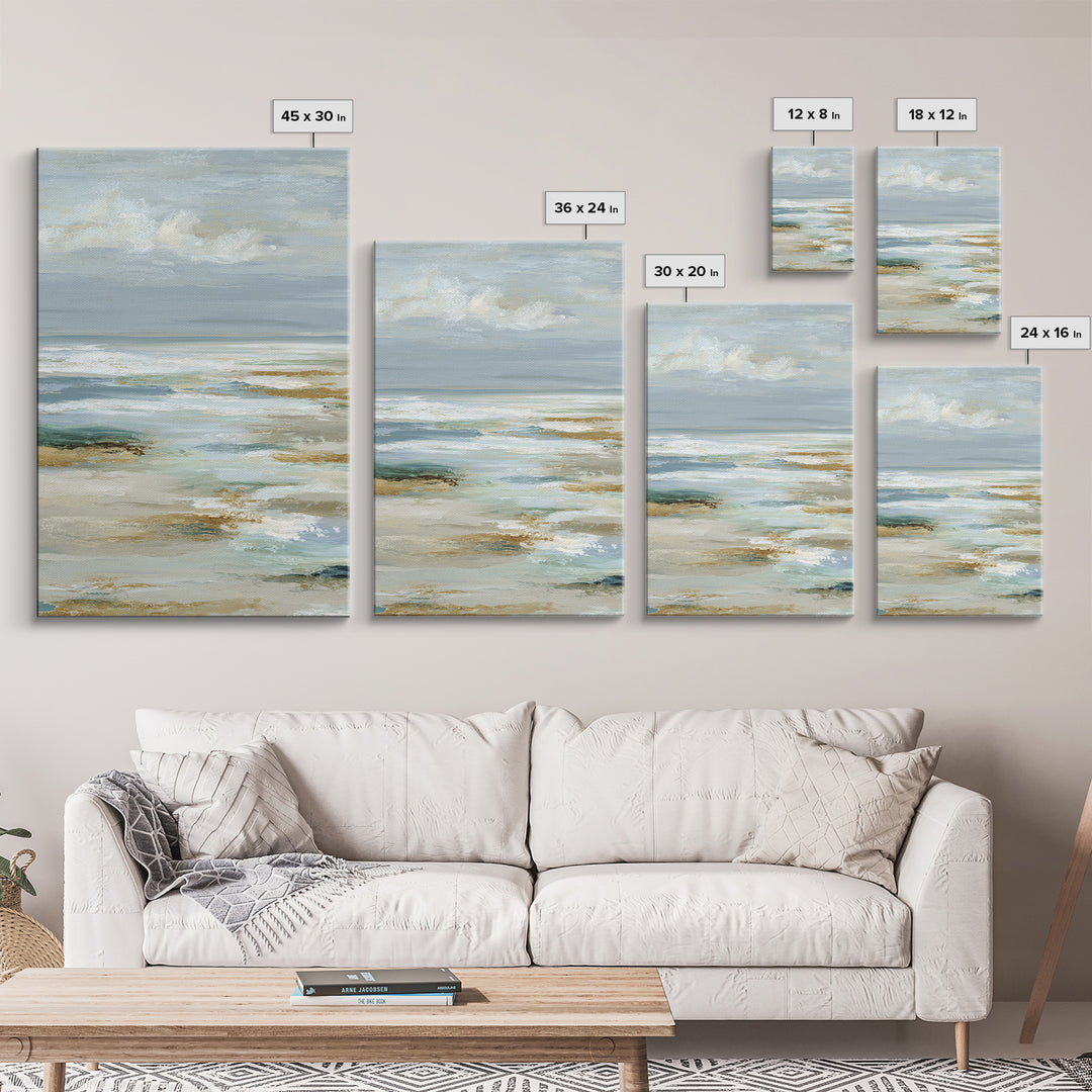Coastal Horizon with Pale Sand and Water Framed Canvas Print, Waiting Room Art, Minimalist Wall Art, Waiting Room Decor, Calm, WRA-2x3-89