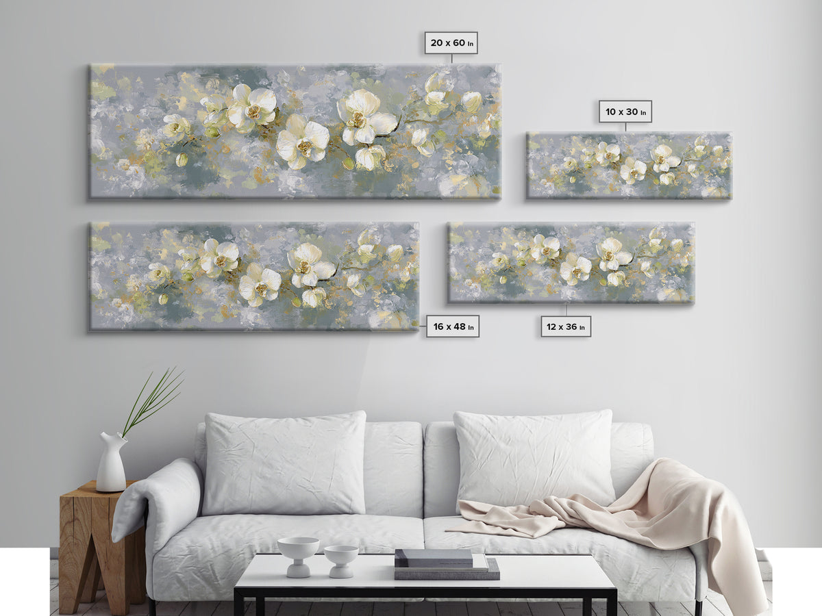 White Orchid on Light Gray Ground Framed Canvas Print, Waiting Room Art, Boho Decor, Waiting Room Decor, Fine Art, Calm, WRA-3x1-23