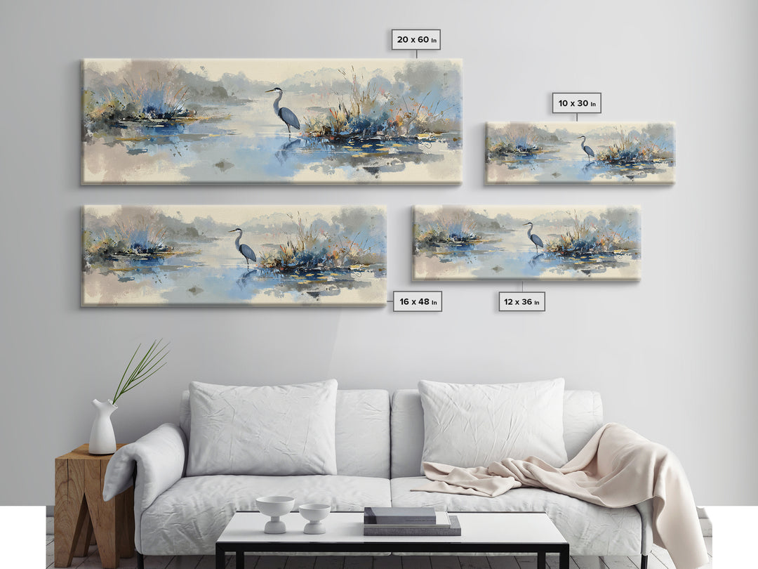 Blue Heron in Quiet Marsh Framed Canvas Print, Waiting Room Art, Dental Art, Waiting Room Decor, Oil Painting, Calm, WRA-3x1-28