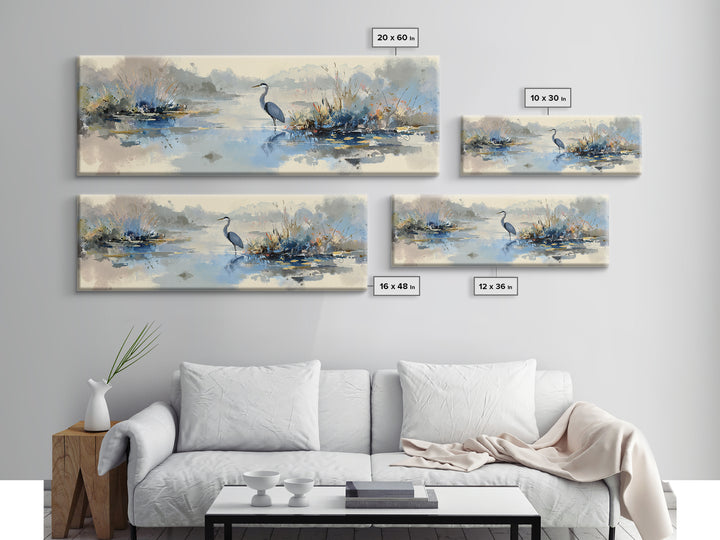 Blue Heron in Quiet Marsh Framed Canvas Print, Waiting Room Art, Dental Art, Waiting Room Decor, Oil Painting, Calm, WRA-3x1-28