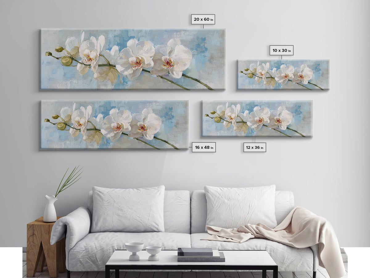 White Orchid on Light Gray Ground Framed Canvas Print, Waiting Room Art, Wall Decor, Waiting Room Decor, Oil Painting, Calm, WRA-3x1-47