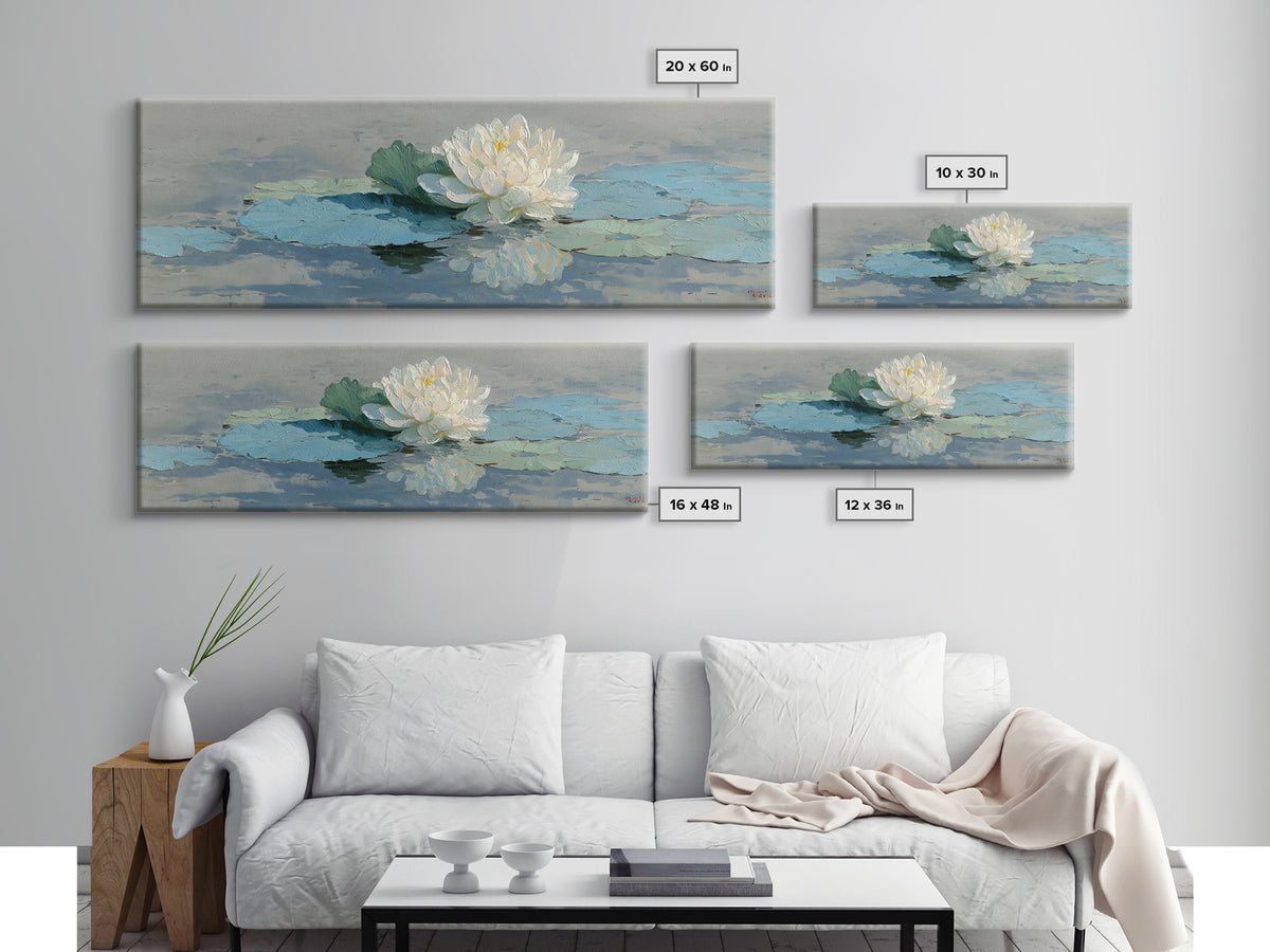 Lotus Flower on Still Water Framed Canvas Print, Waiting Room Art, Contemporary Art, Waiting Room Decor, Oil Painting, Calm, WRA-3x1-55