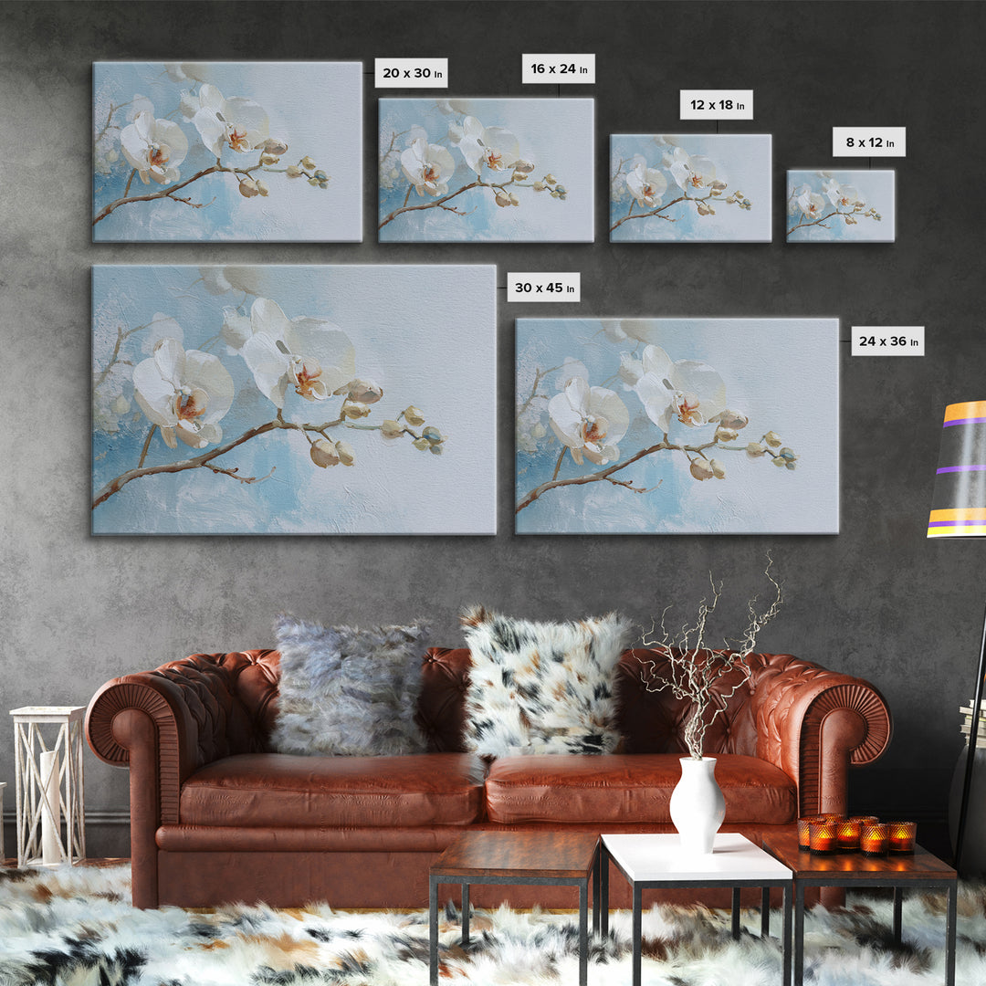 White Orchid on Light Gray Ground Framed Canvas Print, Waiting Room Art, Dental Office Decor, Waiting Room Decor, Calm, WRA-3x2-35