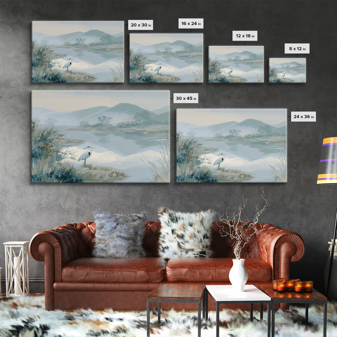 Blue Heron in Quiet Marsh Framed Canvas Print, Waiting Room Art, Landscape, Waiting Room Decor, Oil Painting, Calm, WRA-3x2-40