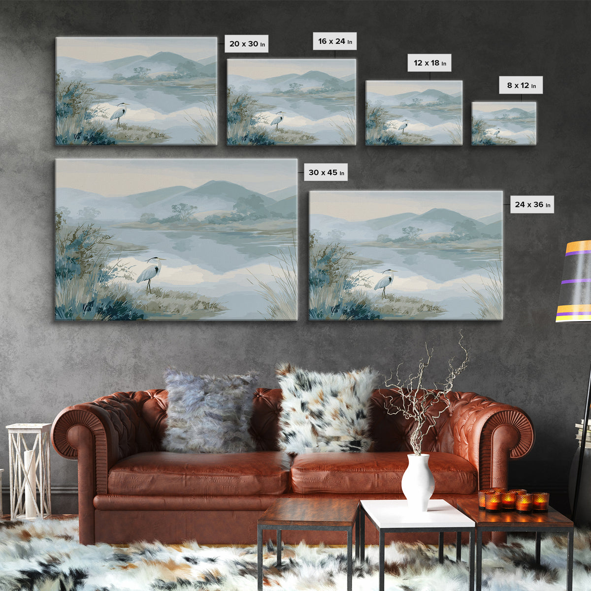 Blue Heron in Quiet Marsh Framed Canvas Print, Waiting Room Art, Landscape, Waiting Room Decor, Oil Painting, Calm, WRA-3x2-40