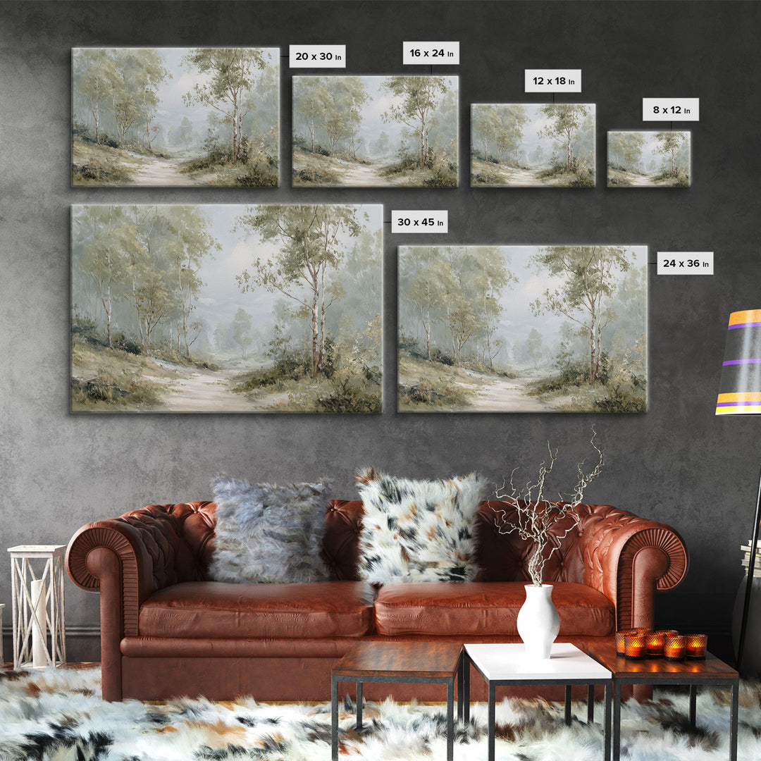 Misty Forest Path Framed Canvas Print, Waiting Room Art, Wall Sculpture, Waiting Room Decor, Oil Painting, Calm, Dog Wall Art, WRA-3x2-63