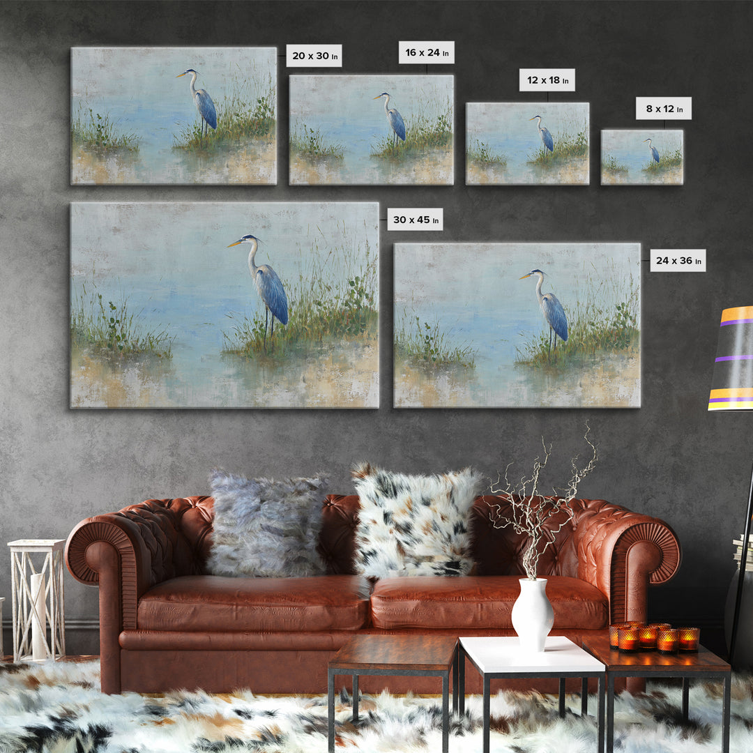 Blue Heron in Quiet Marsh Framed Canvas Print, Waiting Room Art, Gallery Decor, Waiting Room Decor, Abstract Art, Calm, WRA-3x2-64